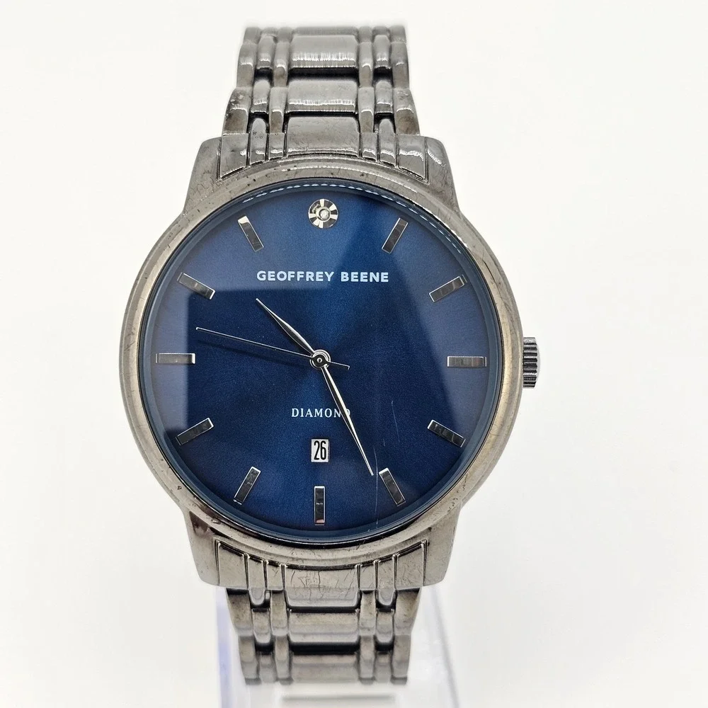 Geoffrey Beene Diamond Men‎ Watch 42MM Blue Dial Date Black Band 7